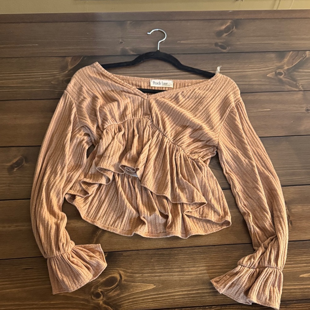 Peach Love California Women's Ruffled Blouse in Tan